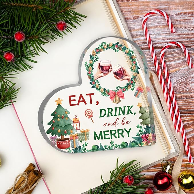 Toerifer Christmas Heart Shape Acrylic Sign, 3.9" x 3.9" Paperweight, Red, Vintage Style, Tabletop, Home & Office Decor, Seasonal Gift