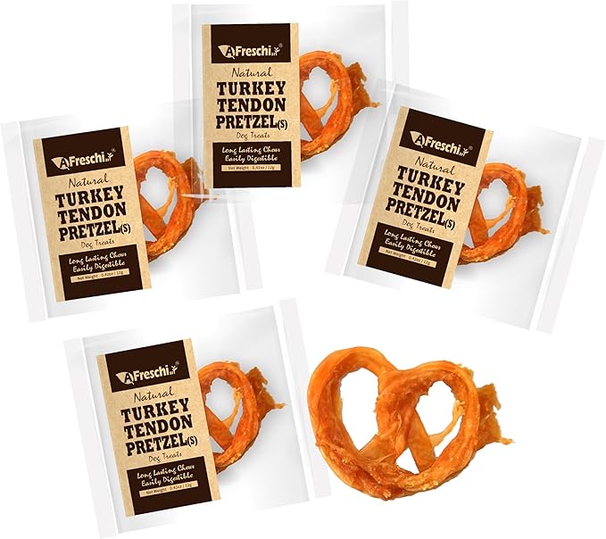 A Freschi srl Turkey Tendons for Dogs, USA-Sourced, Healthy Dog Treats, Rawhide-Free Puppy Chews, Long Lasting, All Natural, Hypoallergenic Dog Treats for Small Breeds, 4 Count Pack Pretzel (S)