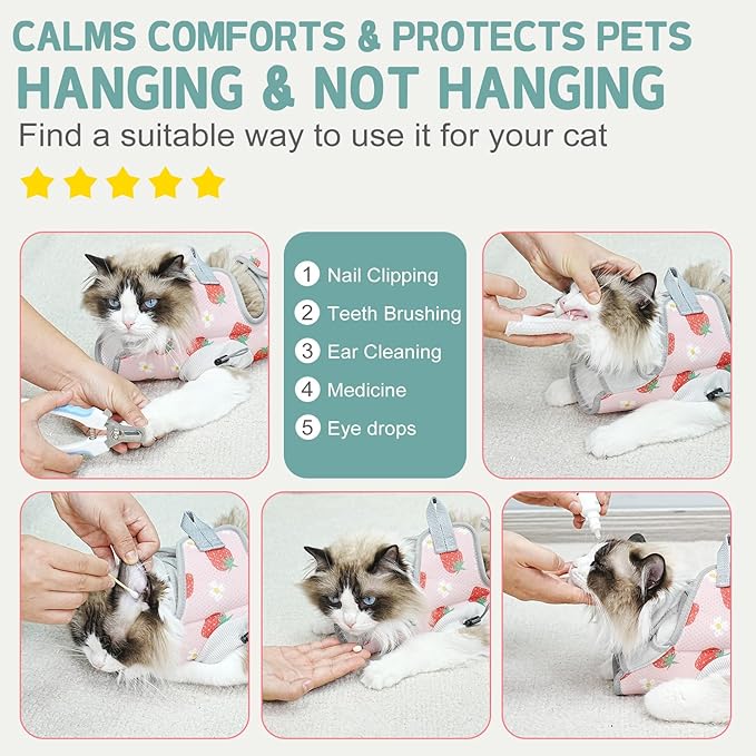 Supet Cat Grooming Hammock Harness for Nail Trimming, Cat Grooming Hanging Sling for Nail Clipping, Pet Restraint Holder for Cutting Nails, Medicine, Ear & Teeth Cleaning, Eye Care (Strawberry L)