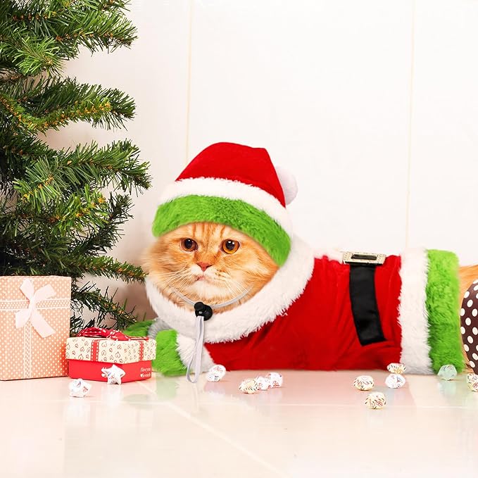 Cat Christmas Costume Lime Green Character Pet Outfit Holiday Green Furry Pet Velvet Costume Cosplay Outfit Cute Funny Christmas Dogs and Cats Clothes for Party Favors(Large)