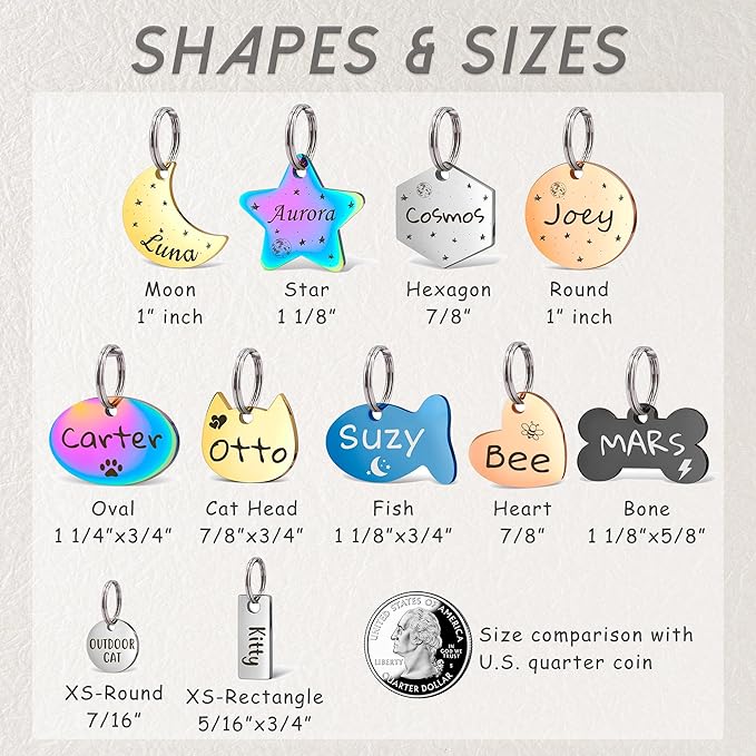 Anavia Small Size Dog Cat ID Tags, Small/XS Personalized Color Plated Stainless Steel Puppy Kitten Name Tags, Customized Engraved Nameplate Pet Collar Tag (Silver, Hexagon)