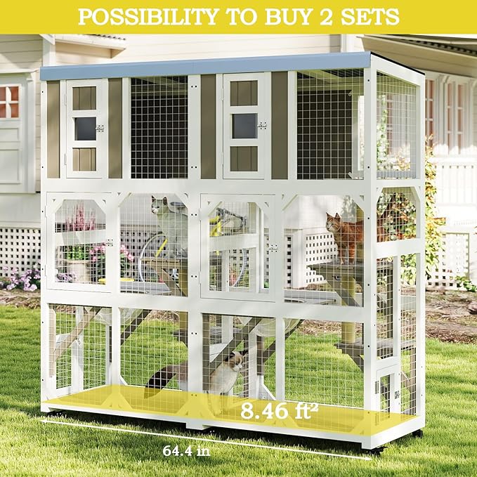 Catio Outdoor Cat Enclosure,Outdoor Cats House with 5 Platforms & Space Capsule,Wooden Cat Catio Cats Enclosure with Weatherproof Oxford Cloth Roof & 4 Wheels,Grey
