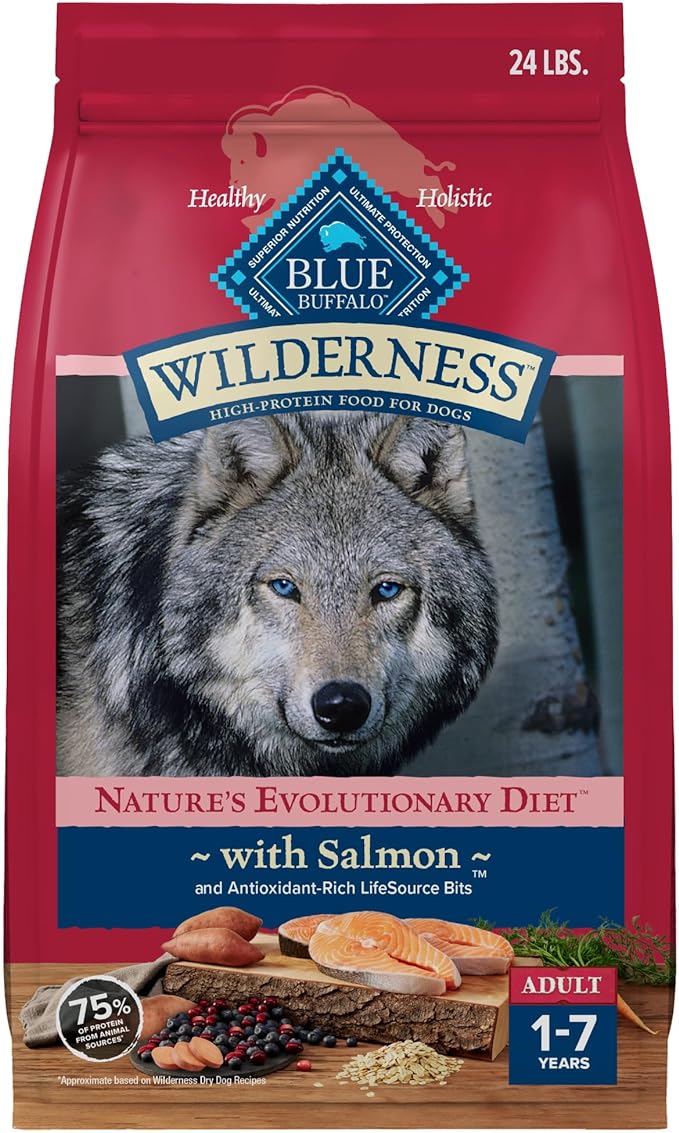 Blue Buffalo Wilderness Natural High-Protein Dry Food for Adult Dogs, with Wholesome Grains, Salmon, 24-lb. Bag