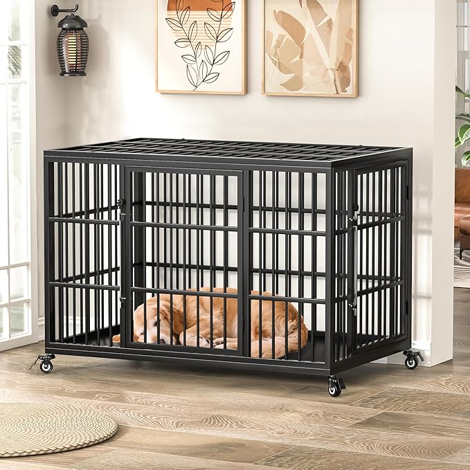 VERIFURTY 48 Inch Heavy Duty Dog Crate for Large Dogs with Self-Locking Latch, Escape-Proof Steel Kennel Indoor, XL Large Double Door Metal Pet Cage with Wheels