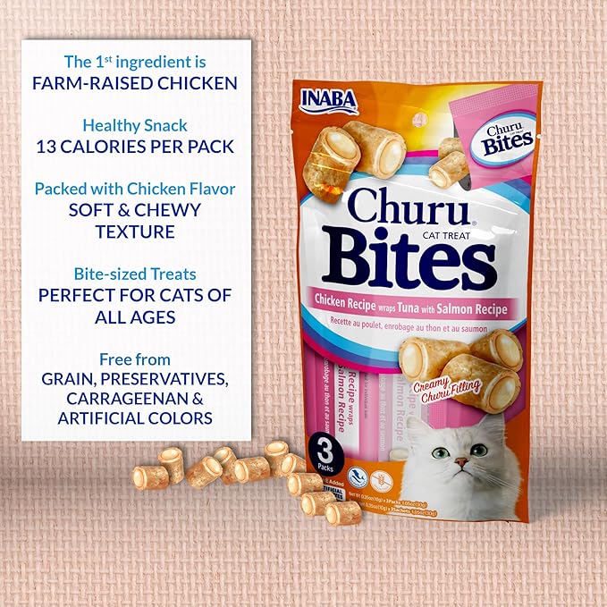 INABA Churu Bites for Cats, Soft Baked Chicken Churu Filled Cat Treats with Vitamin E, 0.35 Ounces Each Tube, 24 Tubes Total (3 per Pack), Tuna with Salmon Recipe