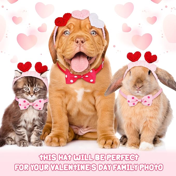 MTLEE 4 Pcs Valentines Day Heart Headband Neck Bow for Cat 2 Pet Neck Bow Cat 2 Headbands Valentines Day Headband with Ear Holes and Chin Straps Adjustable Dog Bows Tie Pink Red Heart Decor for Pets