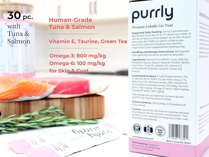 Purrly Squeezable Cat Treats Wet Healthy Interactive Hydrating Human-Grade Tuna & Salmon with Omega-3 & 6 for Skin & Coat (30 Count) Lickable Creamy Puree Topper Wild-Caught No-Artificial-Additives