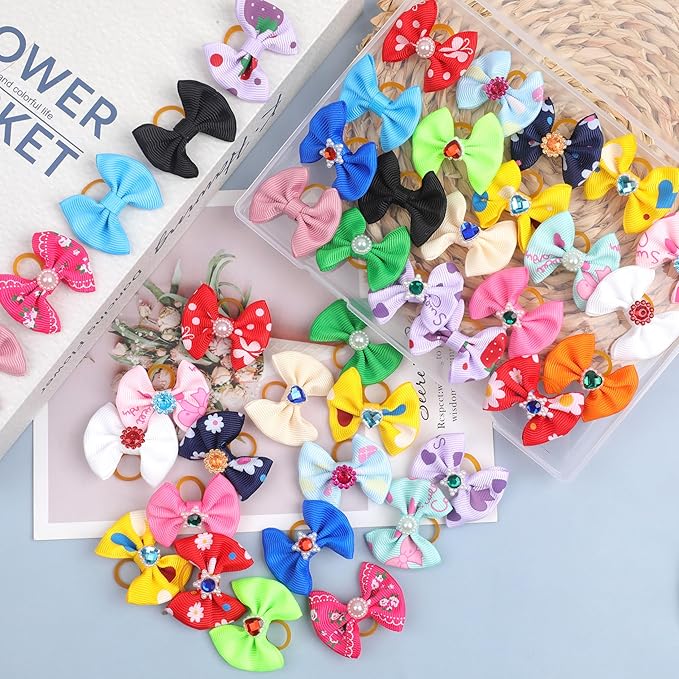 40PCS Christmas Dog Bows Cute Puppy Dog Small Bowknot Hair Bows with Rubber Bands Small Hairs Bowknot Pet Hair Accessories Pet Grooming Accessories for Party (Mixcolors with Gemstone)
