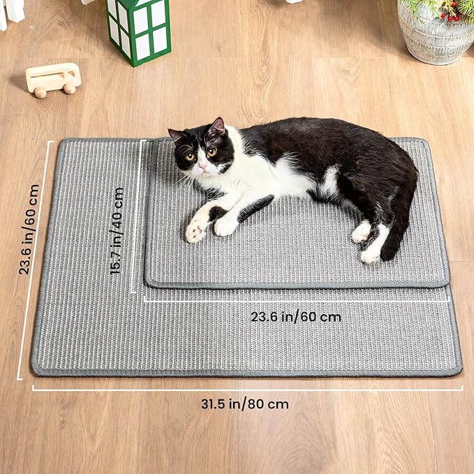 Cat Scratcher Mat,Natural Sisal Cat Scratch Pad with Hook&Loop Tape,Horizontal Floor Kitty Scratching Pads Rug for Indoor,Pet Furniture Protector for Couch&Carpets&Sofas, Large, Grey