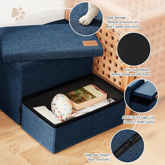 Love's cabin Dog Stairs with Storage 13" H, Foldable Pet Stairs for Small Medium or Large Dogs, Cat Puppy Steps Ramp with Zip up to 150 lbs, Navy Blue, 2 Steps