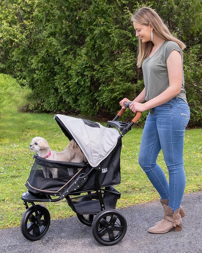 Pet Gear No-Zip AT3 Pet Stroller for Cats/Dogs, Zipperless Entry, Easy One-Hand Fold, Jogging Tires, Removable Liner, Cup Holder + Storage Basket, Platinum