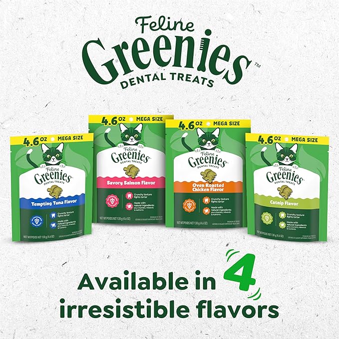Greenies Cat Treats, Feline Veterinarian-Recommended Adult Natural Dental Cat Treats, Oven Roasted Chicken Flavor, 2.1 oz. Pouch