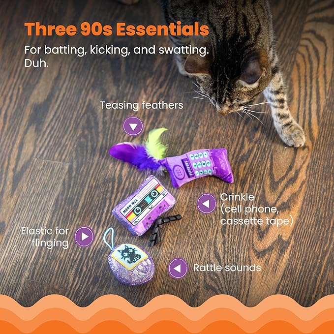 Catstages So Meowsome 90s Cat Toys, 3-Pack Catnip Plush Toys with Crinkle, Feathers & Dental Mesh, Multicolored