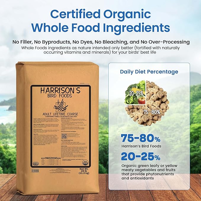 Harrison's Bird Foods Adult Lifetime Coarse Certified Organic Non-GMO Daily Maintenance Formula for Medium to Large Birds, Parrots, Cockatoos, Macaws etc, Suitable for All Life Stages 11.3kg/ 25lb