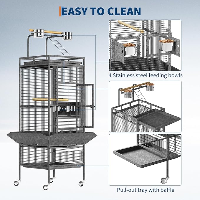 61Inch Bird Cage with Play Top, Extra Large Bird Cage with Wood Perches, Feeder for Parakeets, Canaries, Lovebirds, Small Quaker, Cockatiels, Budgie
