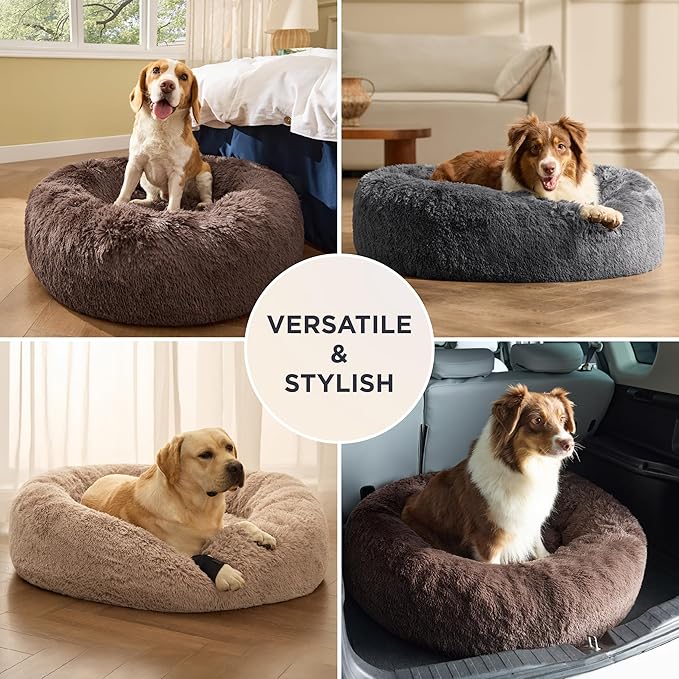 Bedsure Calming Dog Bed Medium Size Dog - 30in Donut Round Washable Medium Pet Bed,Anti-Slip＆Removable Cover,420GSM Anti-Anxiety Fluffy Plush Faux Fur,Fits up to 45 lbs Pets,Plus Version