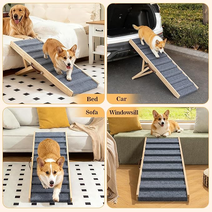 Dog Ramp for Bed, 47.3" Long Wooden Pet Ramp for Small & Large Dogs, 4 Adjustable Heights 13.8" to 26" with Anti-Slip Carpet & Carrying Handle Holds, Portable Dog ramps for Car, Bed, Couch, Outdoor