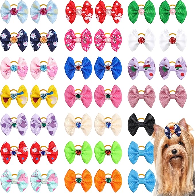 40PCS Christmas Dog Bows Cute Puppy Dog Small Bowknot Hair Bows with Rubber Bands Small Hairs Bowknot Pet Hair Accessories Pet Grooming Accessories for Party (Mixcolors with Gemstone)