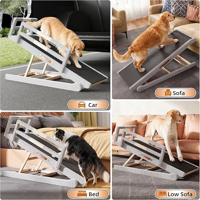 Dog Ramp for Bed–Foldable Wooden Ramp with Soft Plush Fabric Cover & Safety Side Rails 16”–24” Adjustable Height, Non-Slip Walking Surface, Wide 17.7" Platform – Up to 200 lbs