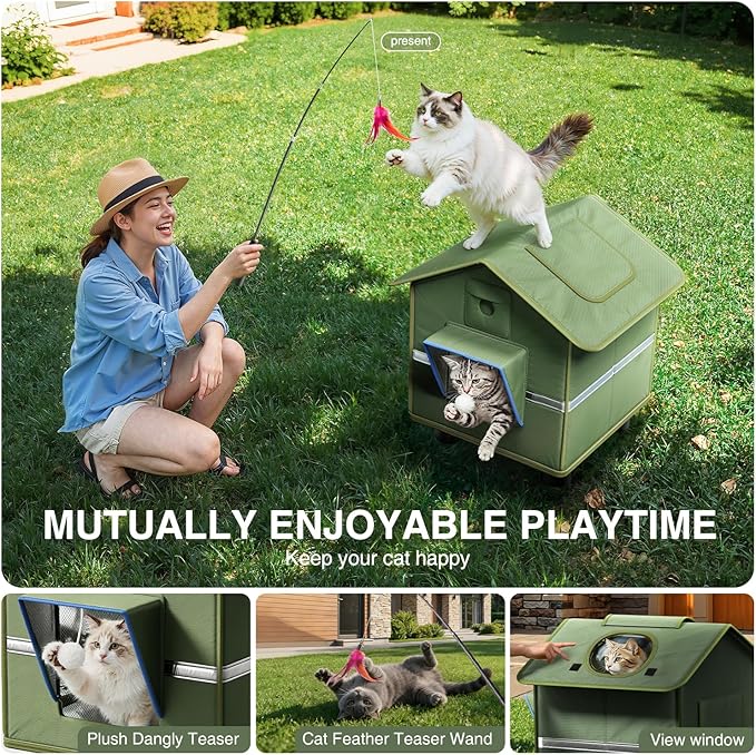 Heated Outdoor Cat House for Outside with Cat Toys and Roof Window Feral Stray Shelter Weatherproof in Garage Yard Porch (with Dual Camera Ports)
