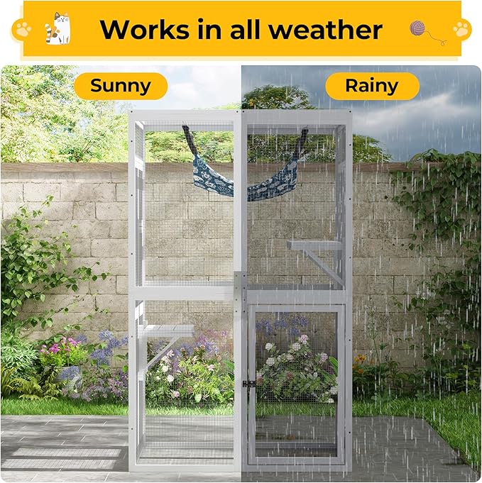 Catio Outdoor Cat Enclosure - Premium Wooden Cat Catio with Window Access & Breathable Mesh, Weatherproof Kitty House for Patio/Backyard/Indoor (White)