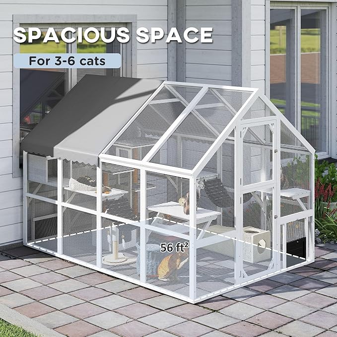 PawHut 110" L Large Catio Outdoor Cat Enclosure for Multiple Kittens, 56 sq.ft Wooden Cat House with Waterproof Cover, Walk in Kitty Cage Kennel with 2 Condos, 6 Platforms, Bridge, Doors, White