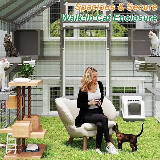 Extra Large Catio Outdoor Cat Enclosure Waterproof, Walk-in Outdoor Pet House for Multiple Cats, Catio Cat Run Cage with Bridges, Weatherproof Full Cover, 8 Platforms, 2 Resting Box