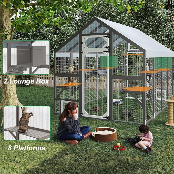 Extra Large Catio Outdoor Cat Enclosure Waterproof, Walk-in Outdoor Pet House for Multiple Cats, Catio Cat Run Cage with Bridges, Weatherproof Full Cover, 8 Platforms, 2 Resting Box
