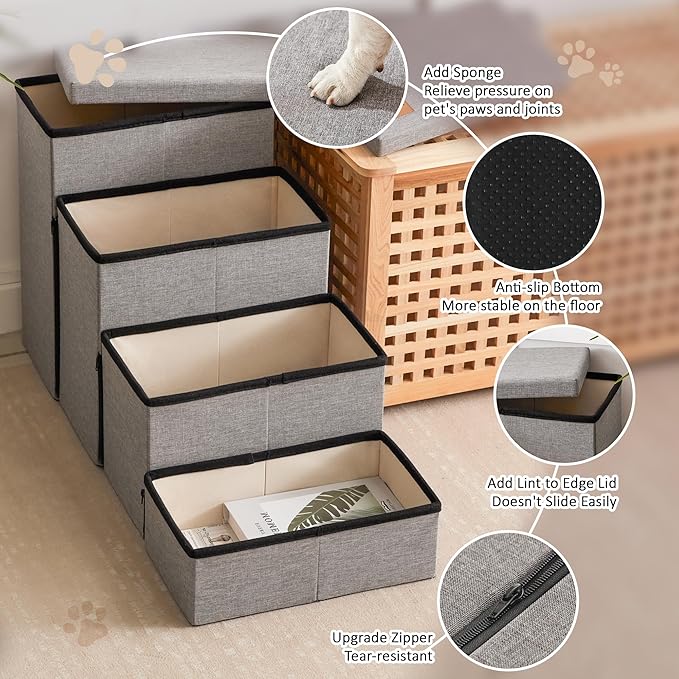 Love's cabin Dog Stairs for Small Medium or Large Dogs with Storage and Adjustable Steps, Foldable Cat Steps for Bed or Couch, 4-Step Gray Folding Ramp with Zip up to 200 lbs, Solid Grey