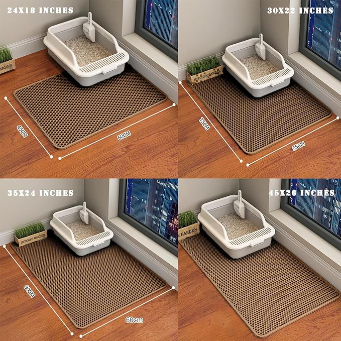 HCY&WLD Cat Litter Mat, Honeycomb Double Layer Cat Litter Trapping Mat, Waterproof Urine Proof Non-Slip, Scatter Control, Less Waste, Easier to Clean (Brown, 35" X 24")