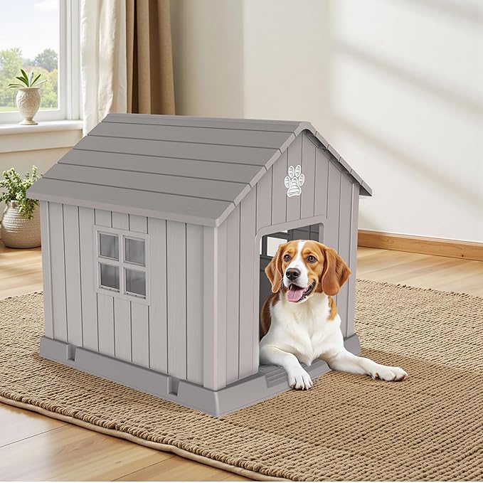 DRATO Dog House Indoor Outdoor for Small to Large Sized Dogs Indoor Outdoor Doghouse Large Shelter with Elevated Floor, Easy to Assemble (Light Brown, 38Inch(37.8 * 40.87 * 38.82))