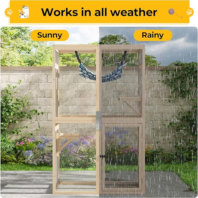 COZIWOW Upgraded Outdoor Cat Catio with Window Access & Jumping Platforms, Weatherproof Wooden Cat Enclosure for Patio/Garden/Backyard (Wood, 2 Platforms + Hammock, Supports 44lbs)