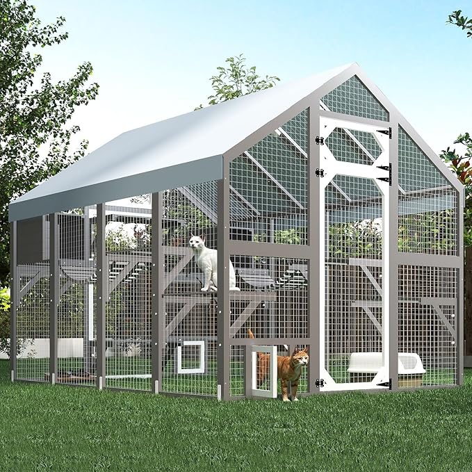 Extra Large Catio Outdoor Cat Enclosure Waterproof, Walk-in Outdoor Pet House for Multiple Cats, Catio Cat Run Cage with Bridges, Weatherproof Full Cover, 8 Platforms, 2 Resting Box