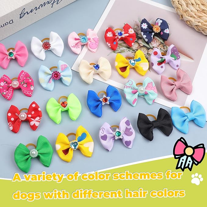 40PCS Christmas Dog Bows Cute Puppy Dog Small Bowknot Hair Bows with Rubber Bands Small Hairs Bowknot Pet Hair Accessories Pet Grooming Accessories for Party (Mixcolors with Gemstone)