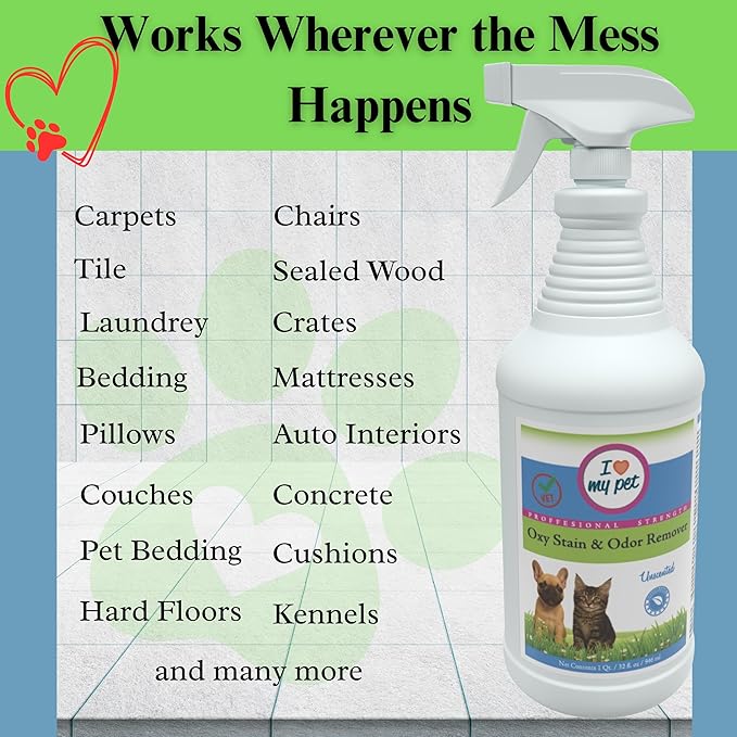 I Love My Pet Unscented Oxy Carpet Cleaner Spray, Professional Strength Stain Remover & Odor Eliminator for Dog & Cat Urine Accidents, 32 oz