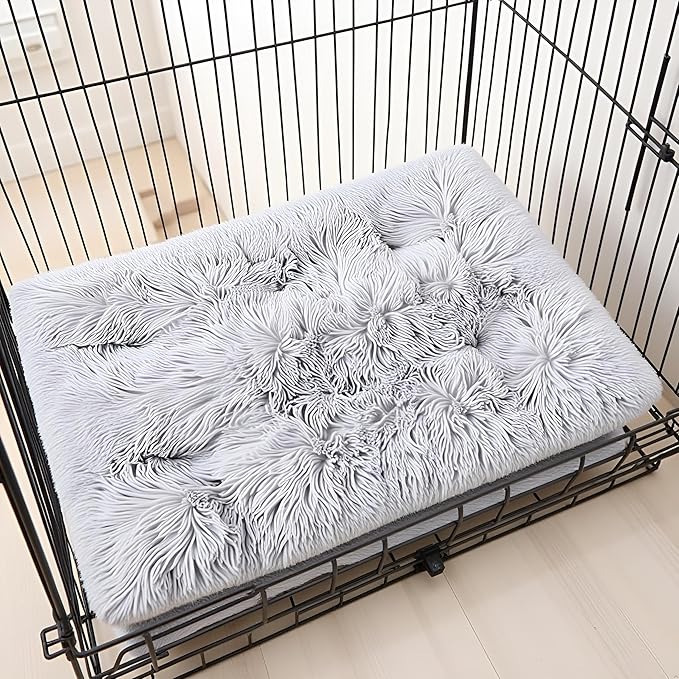Small Dog & Cat Bed, Washable Warm Winter Fluffy Heated Calming Dog Crate Bed for Small Size Pets, Supportive Plush Crate Pad for Dogs(18 * 12", Light Grey).