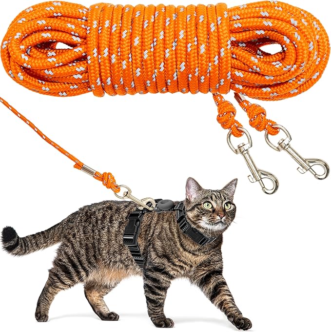 Reflective Cat Leash, 30ft Escape Proof Walking Lead Yard Long Leash, Extender Leash Training Playing Outdoor for Cats Puppy Kitten Small Dogs Rabbit Small Animals