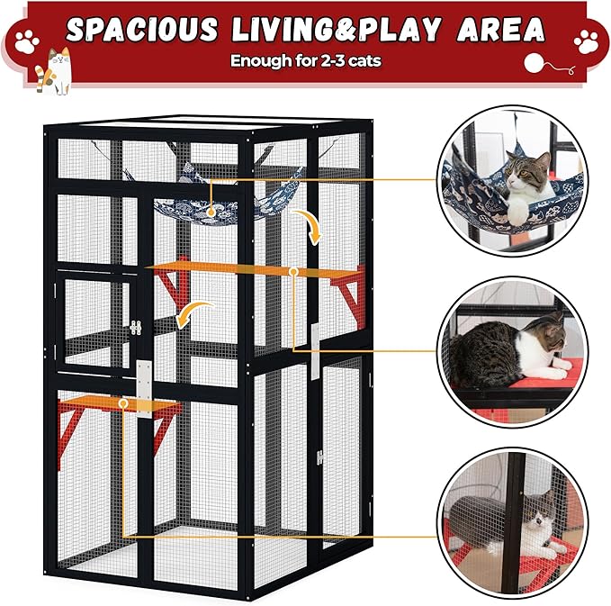 COZIWOW Upgraded Outdoor Cat Catio with Window Access & Jumping Platforms, Weatherproof Wooden Cat Enclosure for Patio/Garden/Backyard (Wood, 2 Platforms + Hammock, Supports 44lbs)