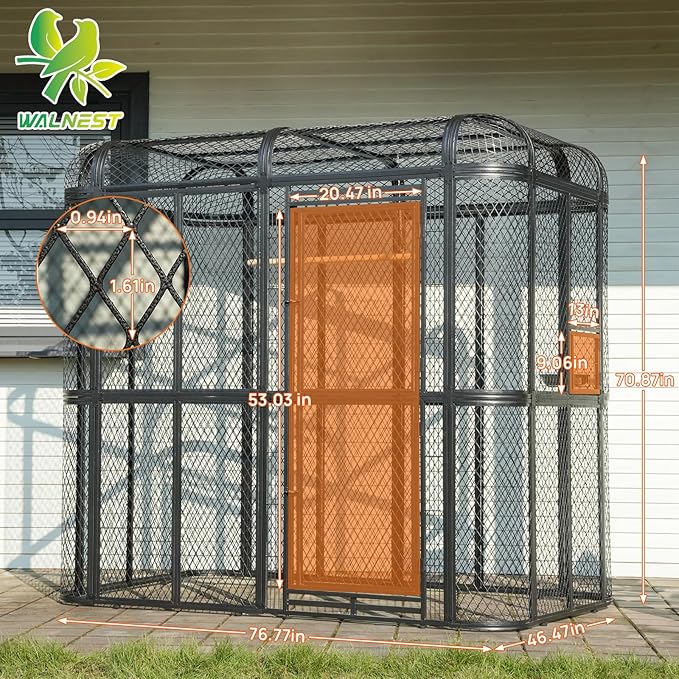 Large Walk-in Cage 77-inch Heavy Duty Birdcage Outdoor Diamond Grid Aviary Parrot Cage Wide Flight Metal Birdcage for Macaw Budgie Conure Lovebird Parakeet Cockatiel, 6.4x3.87x5.91ft, Silver