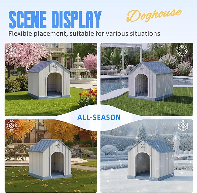 DRATO Large Dog House Indoor Outdoor Waterproof,Puppy Shelter with Air Vents and Elevated Floor,Sturdy Dog Kennel for Small to Large Sized Dogs, Easy to Assemble (Blue, 38.62×36.26×38.07 Inches)