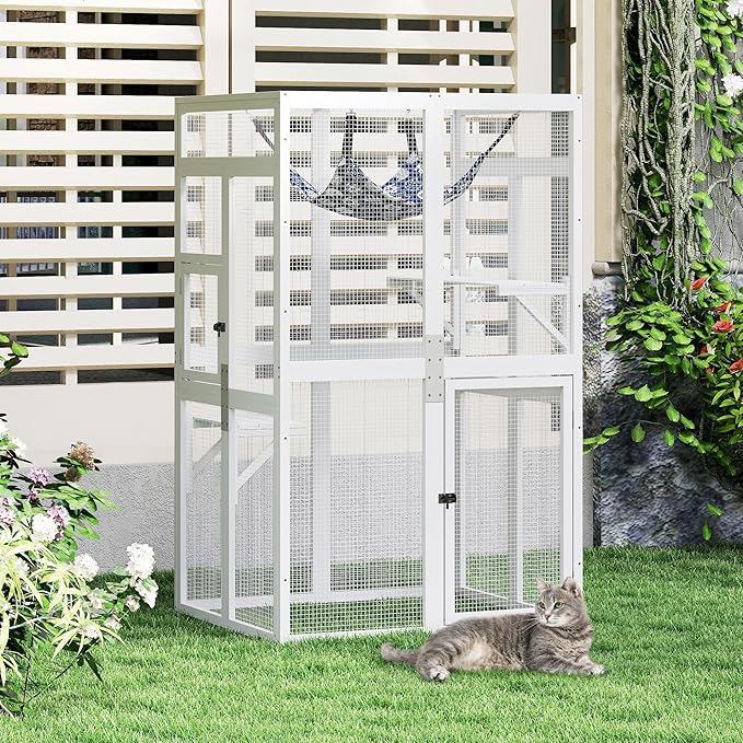 COZIWOW Upgraded Catio Outdoor Cat Enclosure Window Access, Wooden Cat House Shelter, Kitty Cage with Platforms & Hammock Patio Indoor (White)
