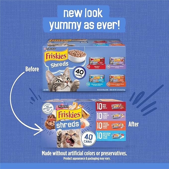 Purina Friskies Wet Cat Food Variety Pack, Shreds With Beef, Turkey and Cheese Dinner, Chicken and Salmon Dinner, and With Ocean Whitefish and Tuna - (Pack of 40) 5.5 oz. Cans