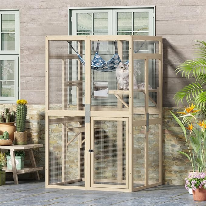 COZIWOW Catio Outdoor Cat Enclosure Window Access, Wooden Cat House Shelter, Kitty Cage with Hammock for Patio Indoor (Wood)