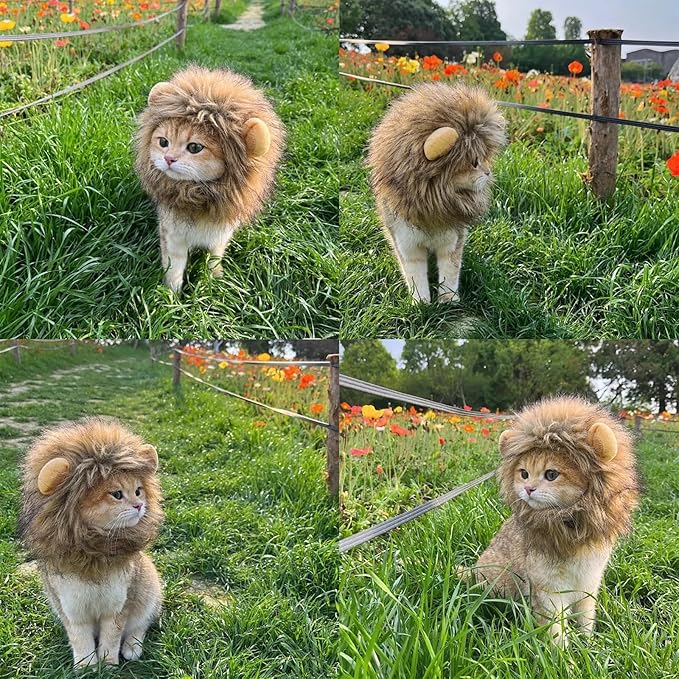 Lion Mane Wig for Cats - Adjustable, Washable, Brown Lion Mane Wig for Cat Costume (Medium)