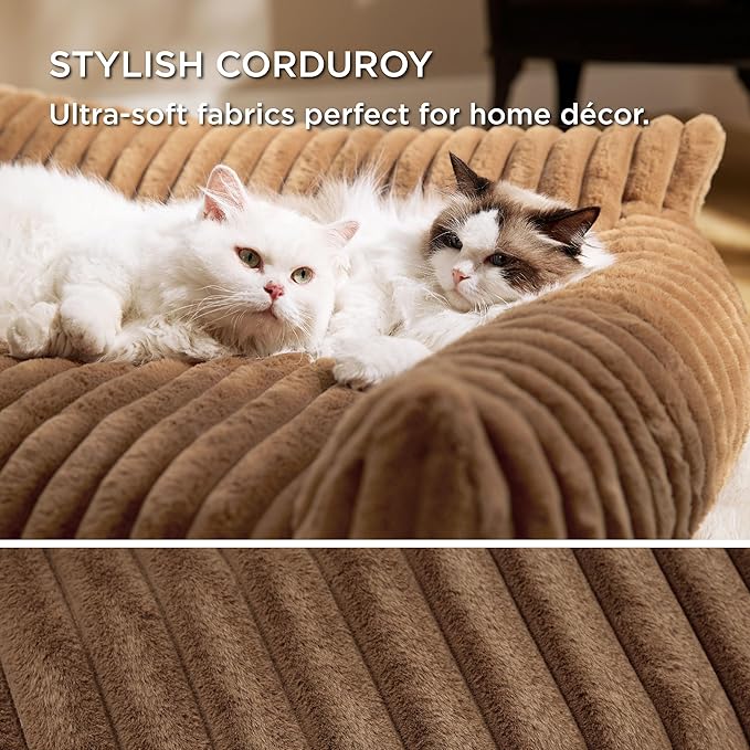 Bedsure ComfyFleece™ Cute Cat Couch for Pets - As Seen on TV on Good Day New York, Fuzzy Cats beds for Indoor Cats with Removable Washable Cover, Supportive Pet Sofa, 24inch, Camel Brown