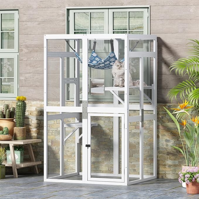 COZIWOW Upgraded Outdoor Cat Catio with Window Access & Jumping Platforms, Weatherproof Wooden Cat Enclosure for Patio/Garden/Backyard (White, 2 Platforms + Hammock, Supports 44lbs)
