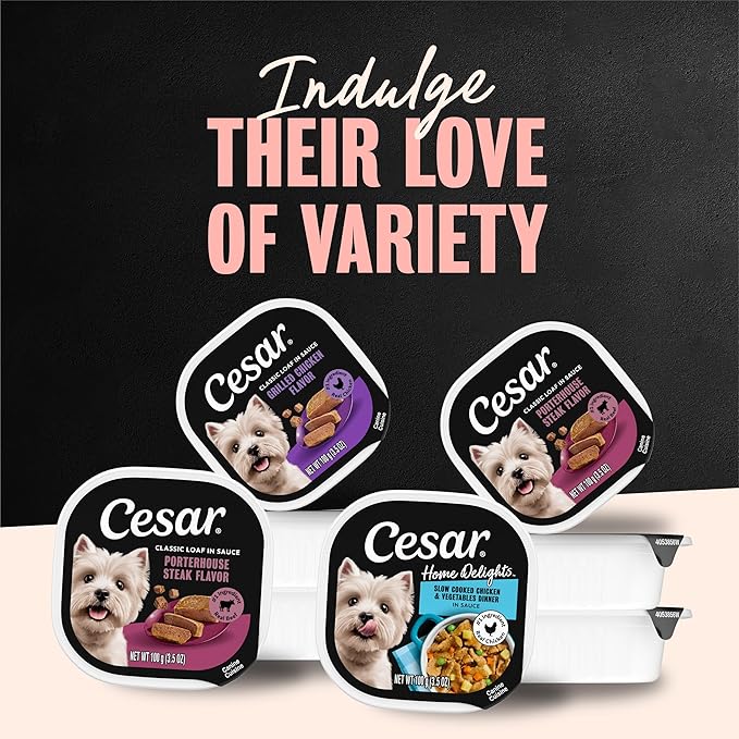 Cesar Home Delights Adult Wet Dog Food, Pot Roast with Spring Vegetables, Beef Stew, Turkey, Green Beans, & Potatoes, and Hearty Chicken & Noodle Dinner in Sauce Variety Pack, 3.5 oz. 24 Count
