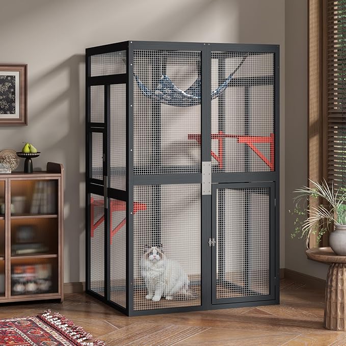 COZIWOW Upgraded Outdoor Cat Catio with Window Access & Jumping Platforms, Weatherproof Wooden Cat Enclosure for Patio/Garden/Backyard (Wood, 2 Platforms + Hammock, Supports 44lbs)