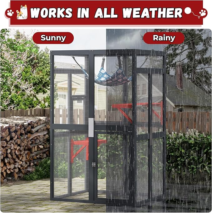 Catio Outdoor Cat Enclosure - Premium Wooden Cat Catio with Window Access & Breathable Mesh, Weatherproof Kitty House for Patio/Backyard/Indoor (Black)