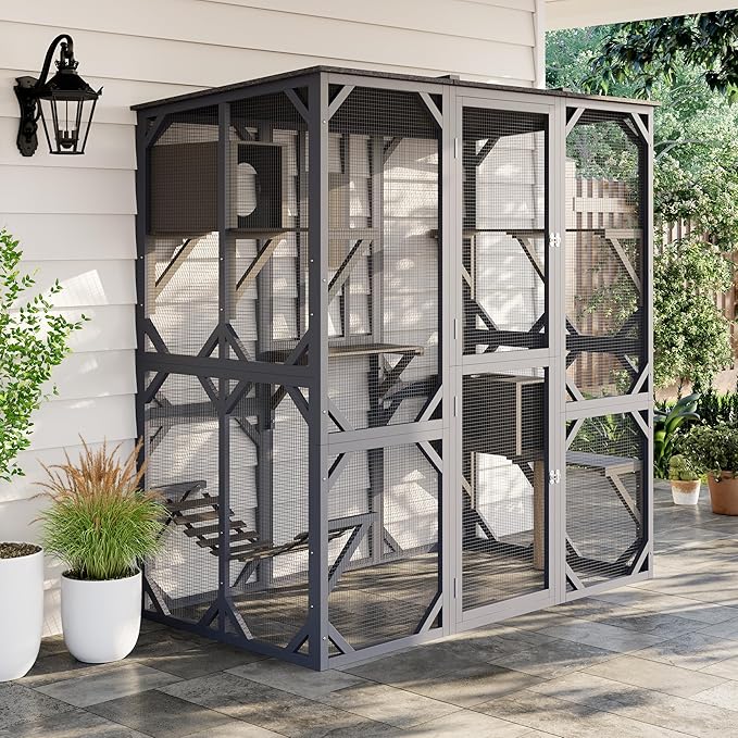 70 Inch Outdoor Walk-in Cat Enclosure with Window, Waterproof Roof Cattery with Bridge and Scratching Post Outdoor Patio Cat Playpen, Grey